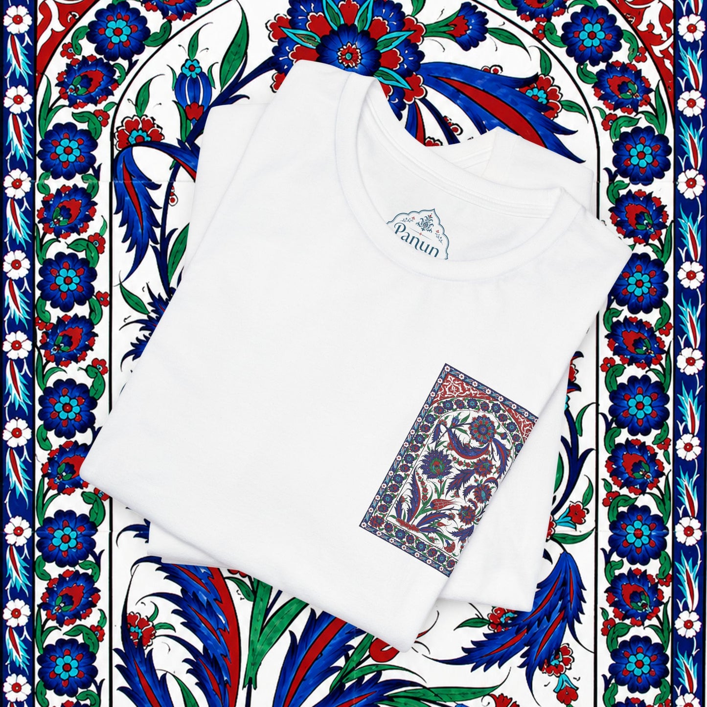 Floral Iznik Tile Pocket Tee — Ottoman-Inspired Ceramic Pattern T-Shirt