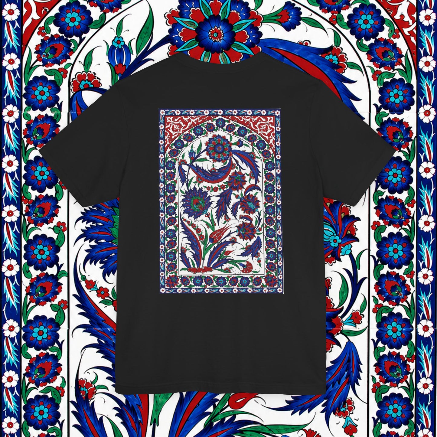 Floral Iznik Tile Pocket Tee — Ottoman-Inspired Ceramic Pattern T-Shirt