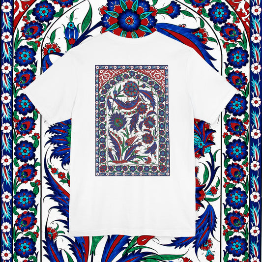 Floral Iznik Tile Pocket Tee — Ottoman-Inspired Ceramic Pattern T-Shirt