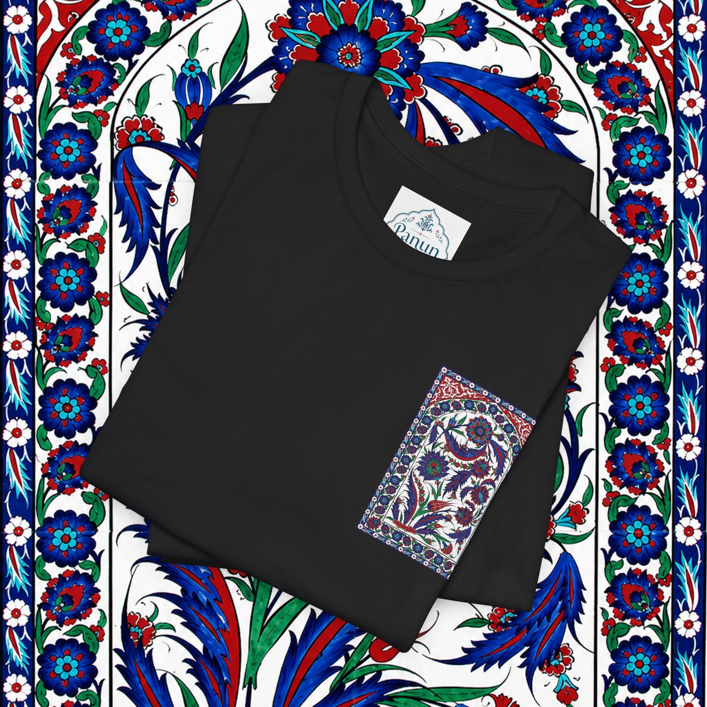 Floral Iznik Tile Pocket Tee — Ottoman-Inspired Ceramic Pattern T-Shirt