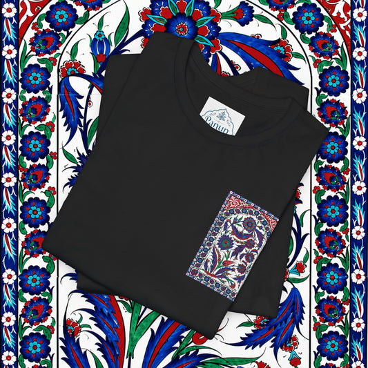 Floral Iznik Tile Pocket Tee — Ottoman-Inspired Ceramic Pattern T-Shirt
