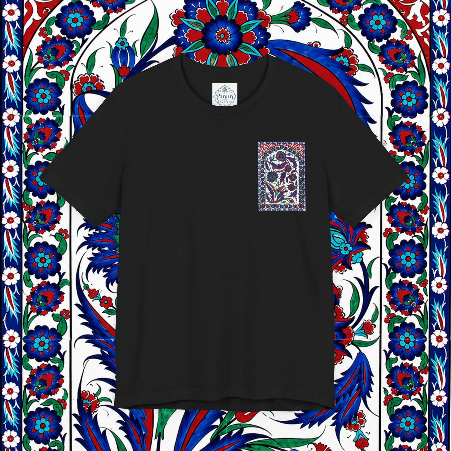 Floral Iznik Tile Pocket Tee — Ottoman-Inspired Ceramic Pattern T-Shirt