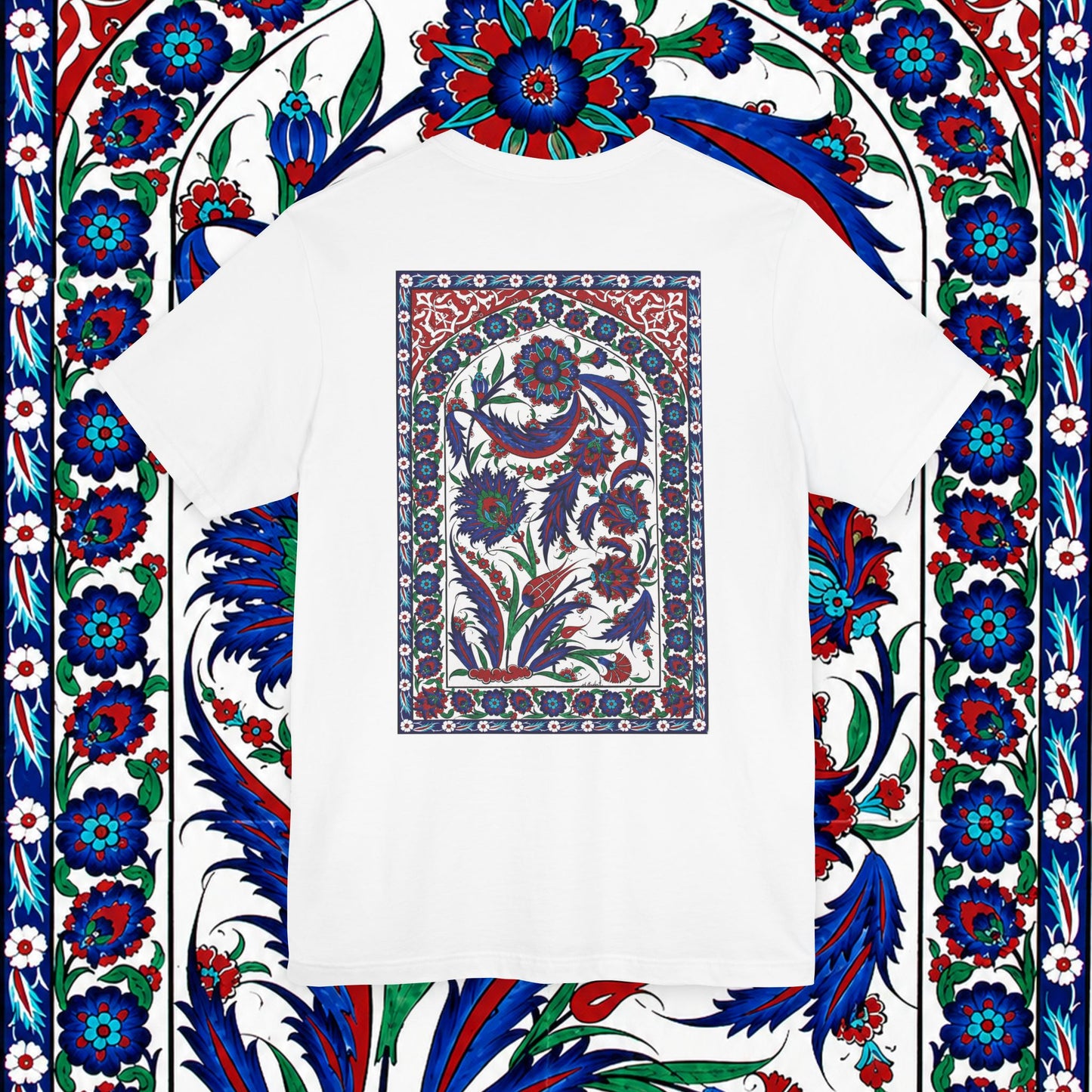 Floral Iznik Tile Pocket Tee — Ottoman-Inspired Ceramic Pattern T-Shirt