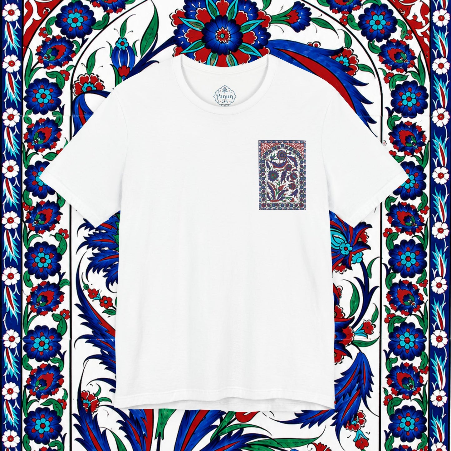 Floral Iznik Tile Pocket Tee — Ottoman-Inspired Ceramic Pattern T-Shirt