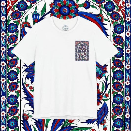 Floral Iznik Tile Pocket Tee — Ottoman-Inspired Ceramic Pattern T-Shirt